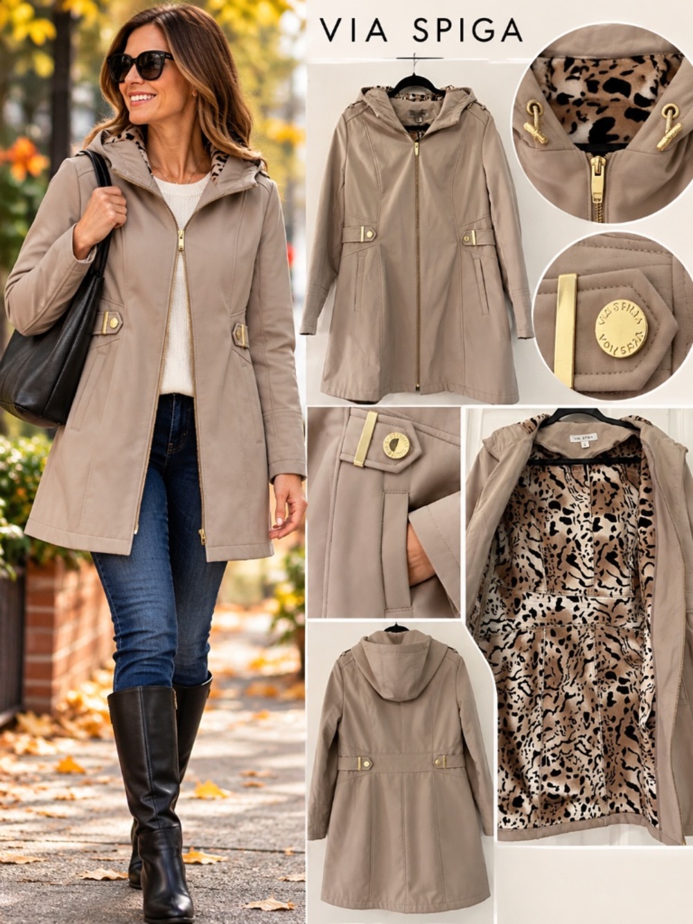 Via Spiga Women’s Taupe Hooded Coat Leopard Print Lining Size L
